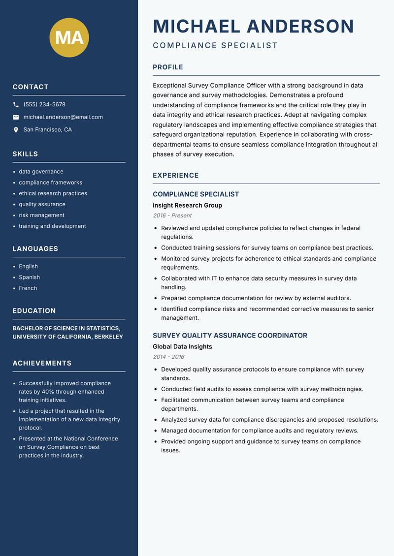 Survey Compliance Officer resume sample — Compliance Specialist focus