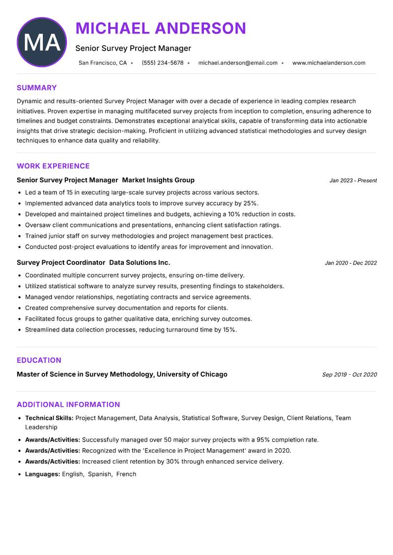 Survey Project Manager resume example