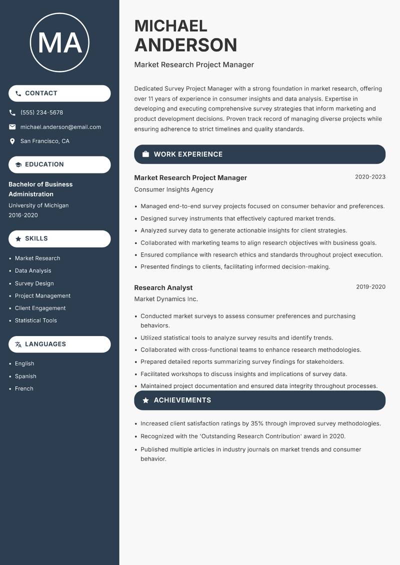 Survey Project Manager resume sample — Market Research Project Manager focus