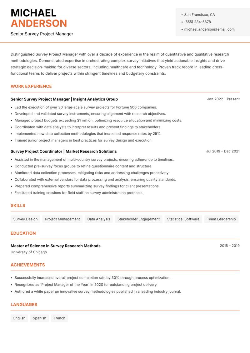 Survey Project Manager resume sample — Senior Survey Project Manager focus