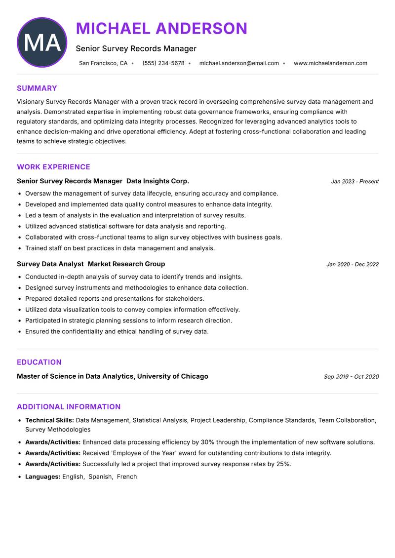 Survey Records Manager resume example