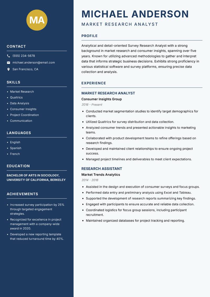 Survey Research Analyst resume sample — Market Research Analyst focus