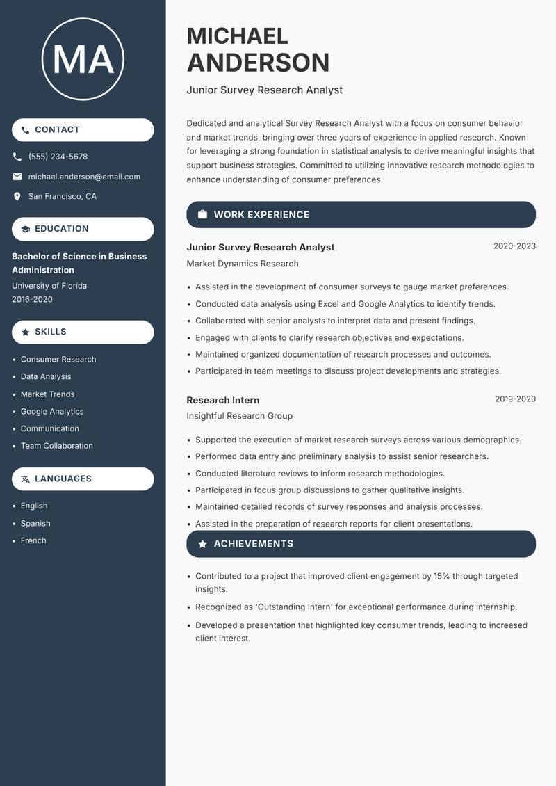 Survey Research Analyst resume sample — Junior Survey Research Analyst focus