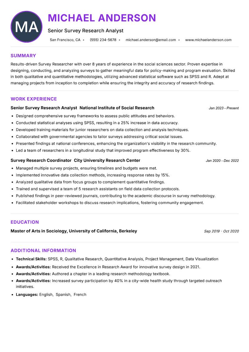 Survey Researcher resume example