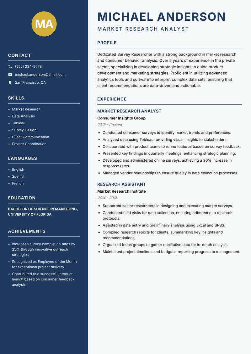 Survey Researcher resume sample — Market Research Analyst focus