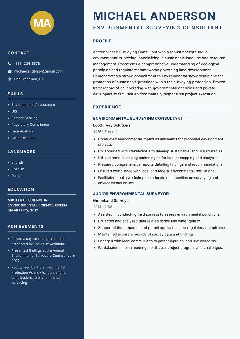 Surveying Consultant resume sample — Environmental Surveying Consultant focus