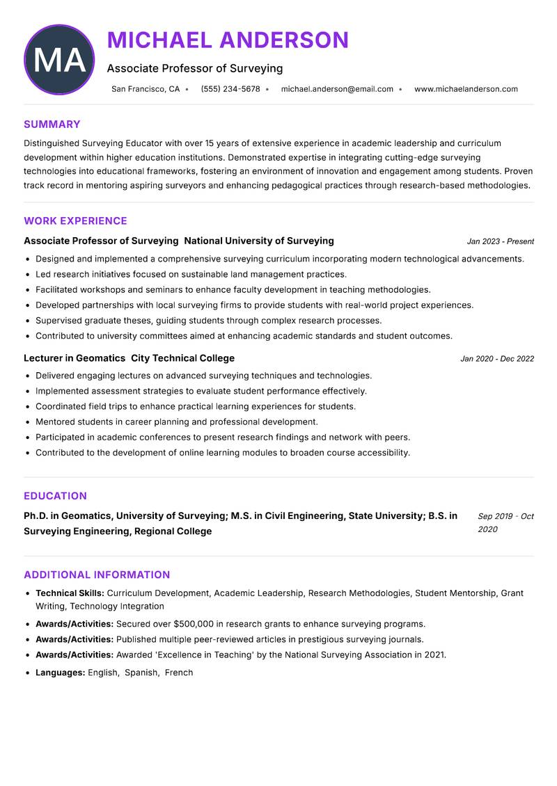 Surveying Educator resume example