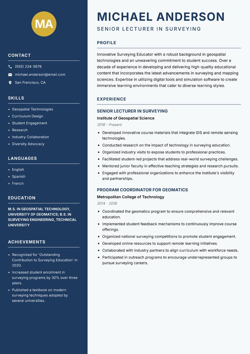 Surveying Educator resume sample — Senior Lecturer in Surveying focus
