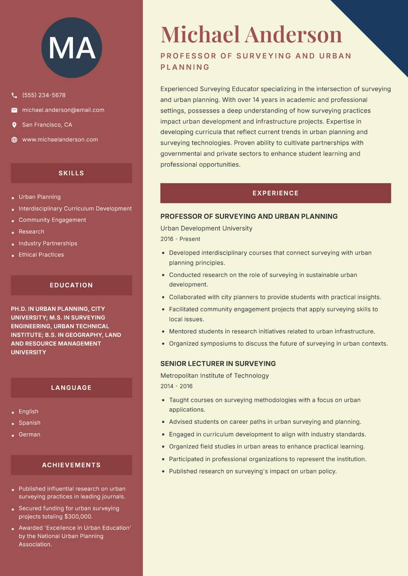 Surveying Educator resume sample — Professor of Surveying and Urban Planning focus