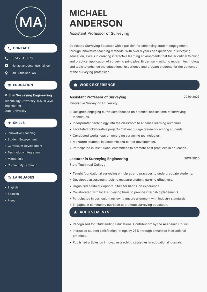 Surveying Educator resume sample — Assistant Professor of Surveying focus