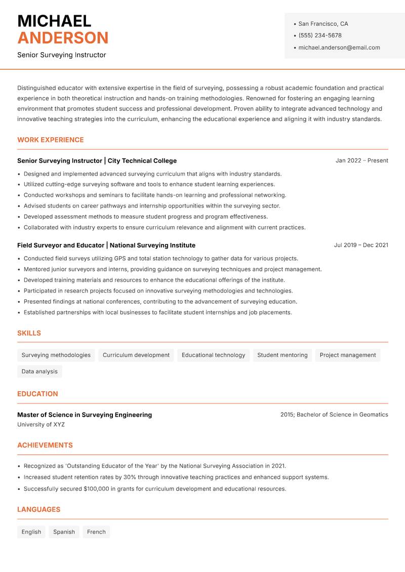 Surveying Educator resume sample — Senior Surveying Instructor focus