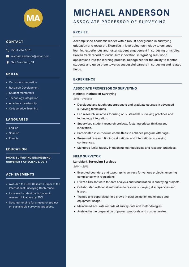 Surveying Instructor resume sample — Associate Professor of Surveying focus