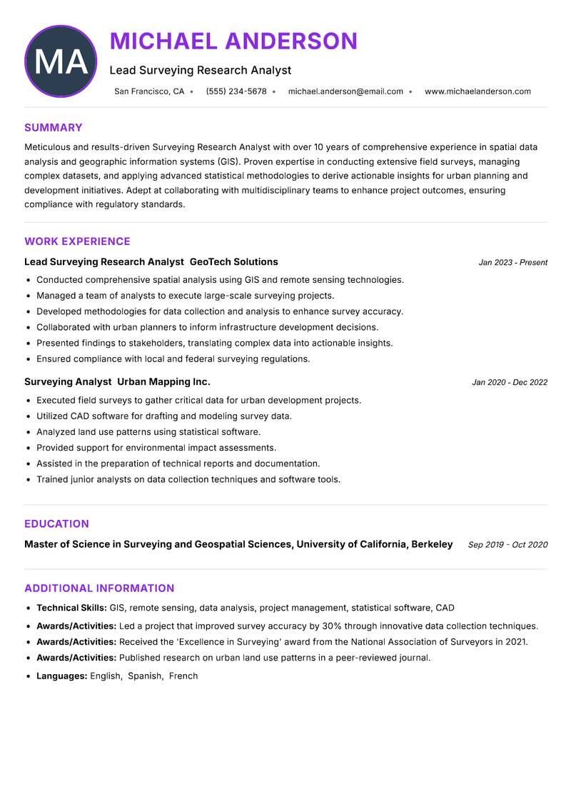Surveying Research Analyst resume example