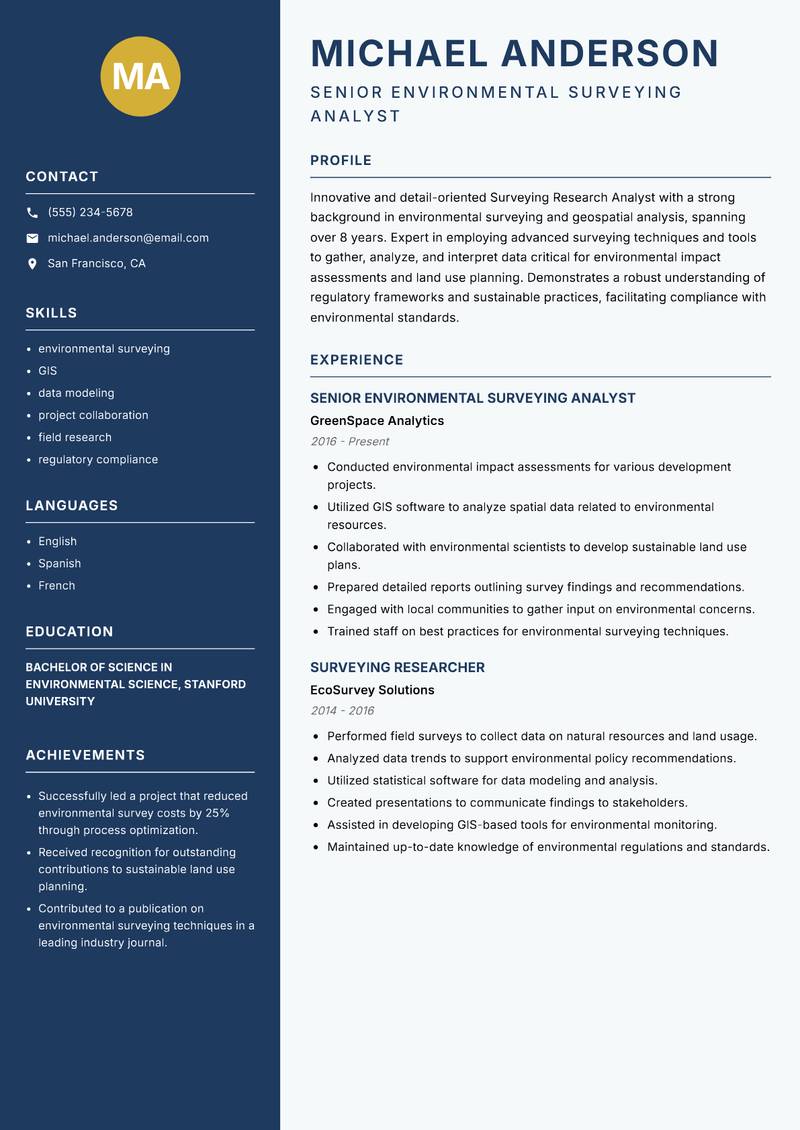 Surveying Research Analyst resume sample — Senior Environmental Surveying Analyst focus