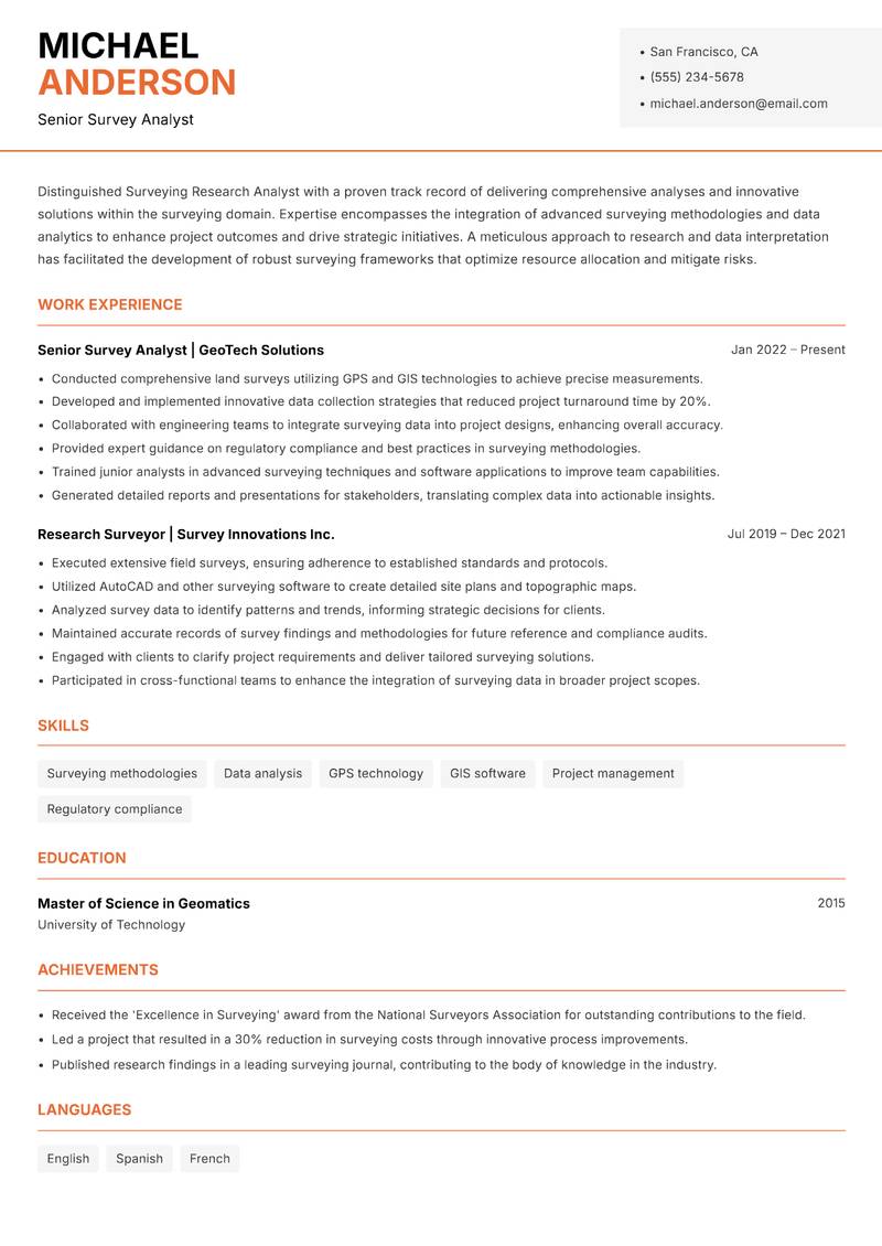 Surveying Research Analyst resume sample — Senior Survey Analyst focus