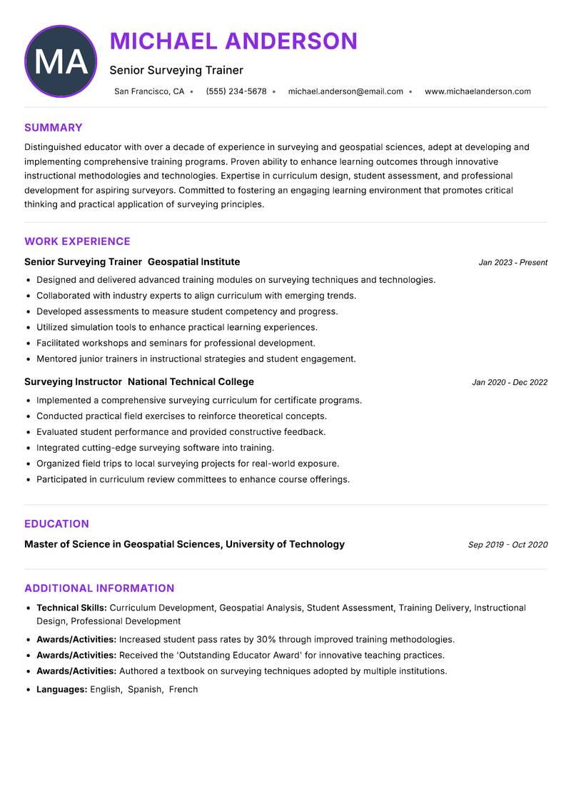 Surveying Trainer resume example