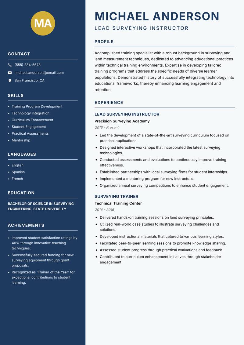 Surveying Trainer resume sample — Lead Surveying Instructor focus
