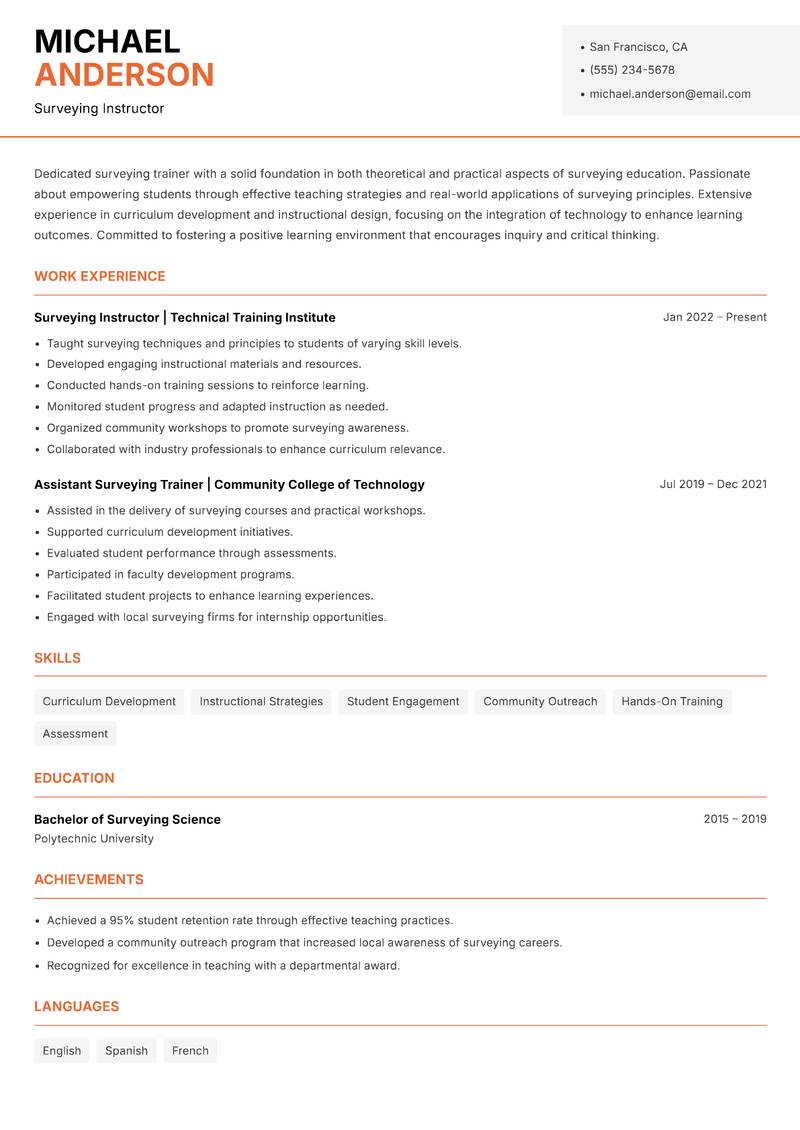 Surveying Trainer resume sample — Surveying Instructor focus
