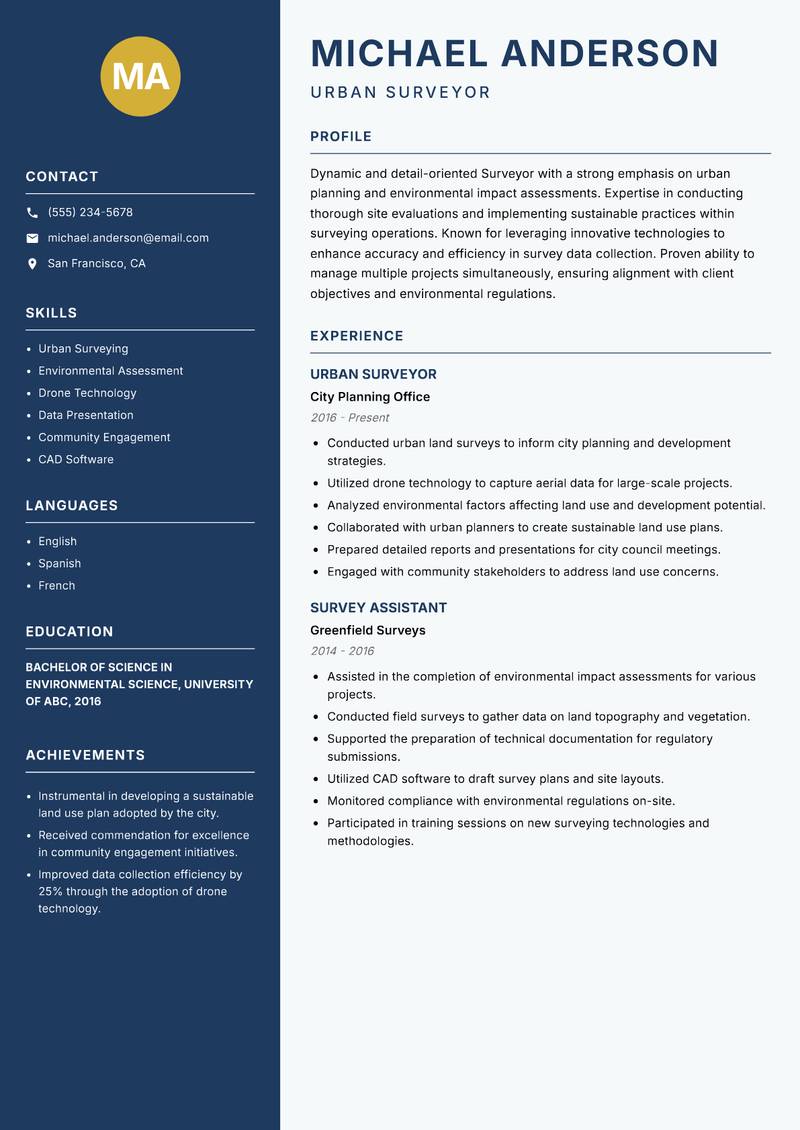 Surveyor resume sample — Urban Surveyor focus