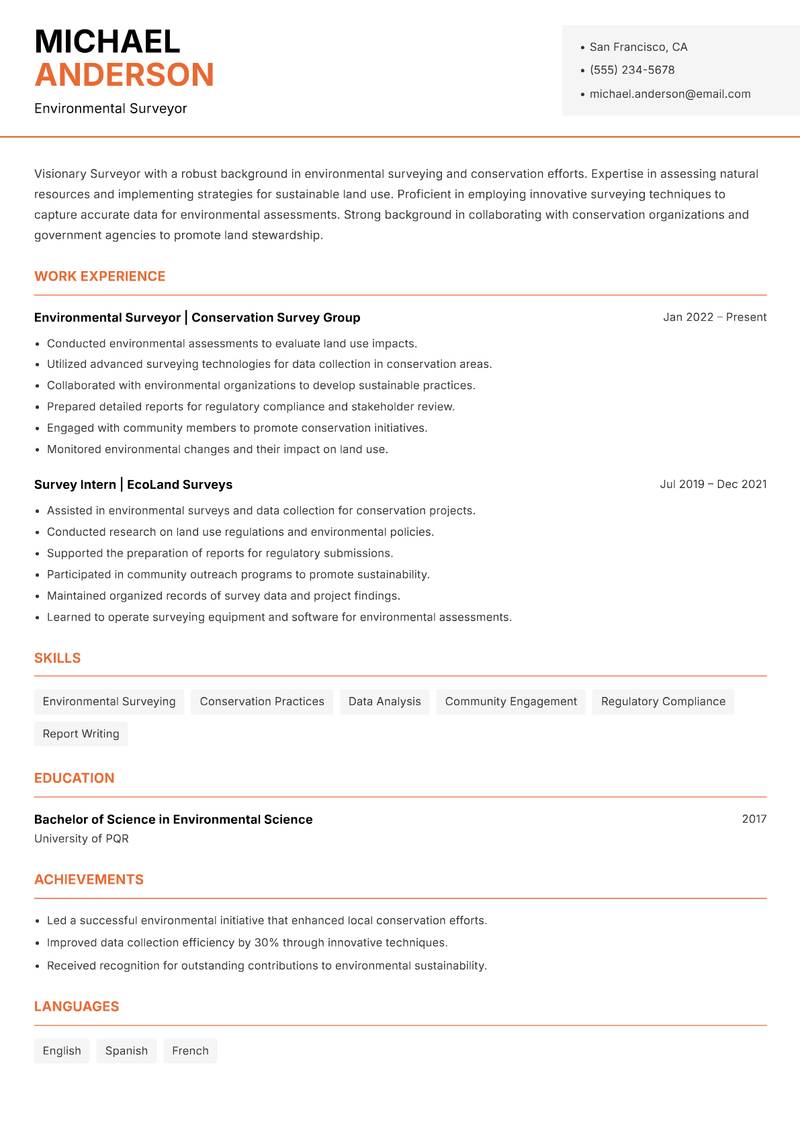 Surveyor resume sample — Environmental Surveyor focus