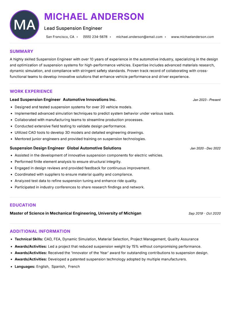 Suspension Engineer resume example