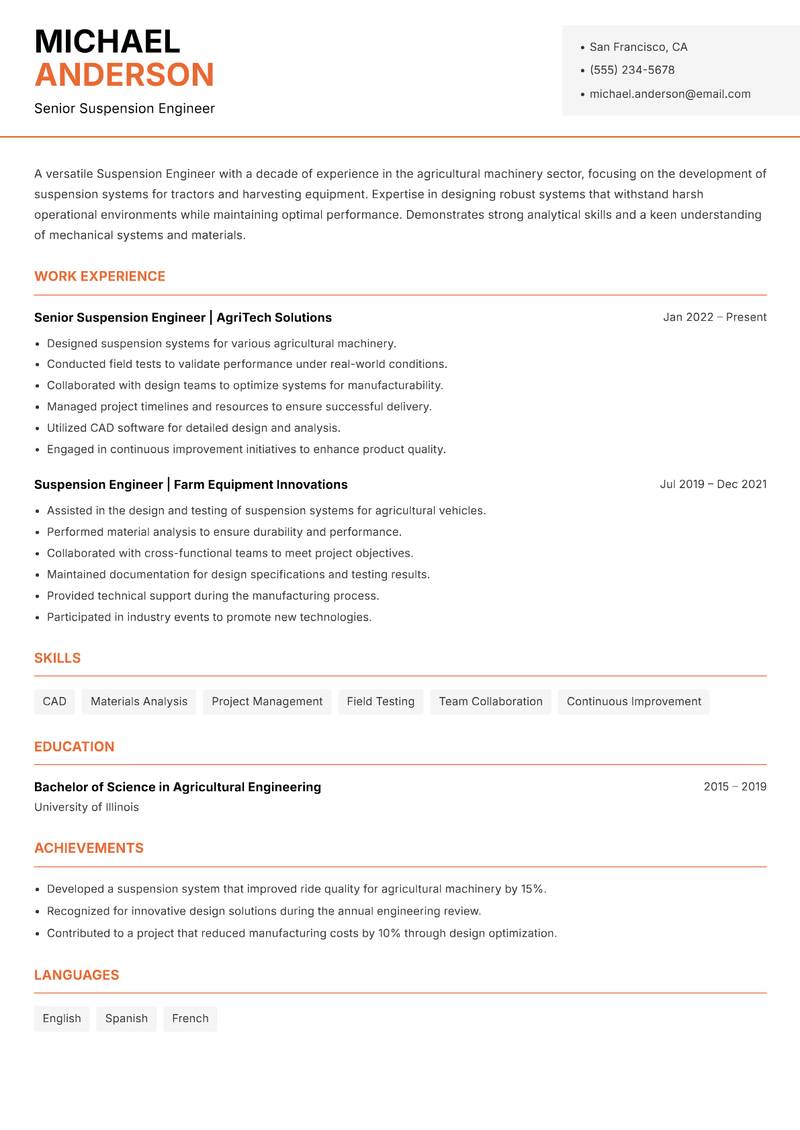 Suspension Engineer resume sample — Senior Suspension Engineer focus