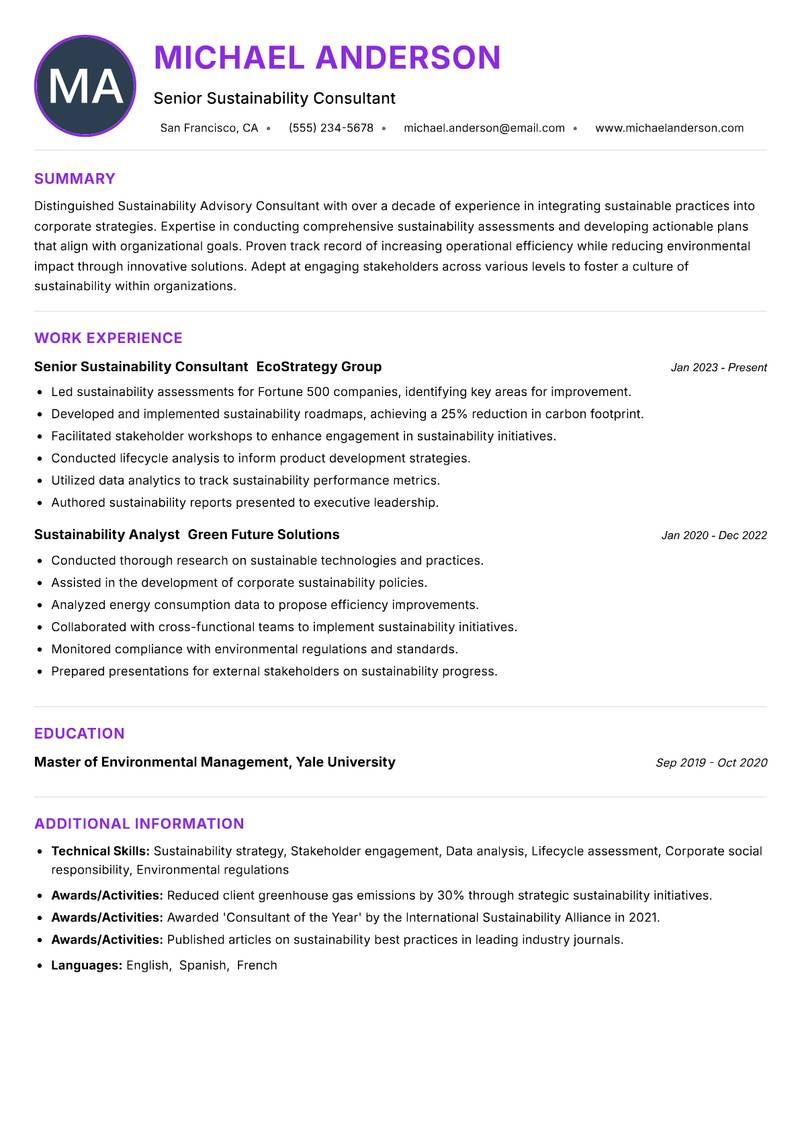 Sustainability Advisory Consultant resume example