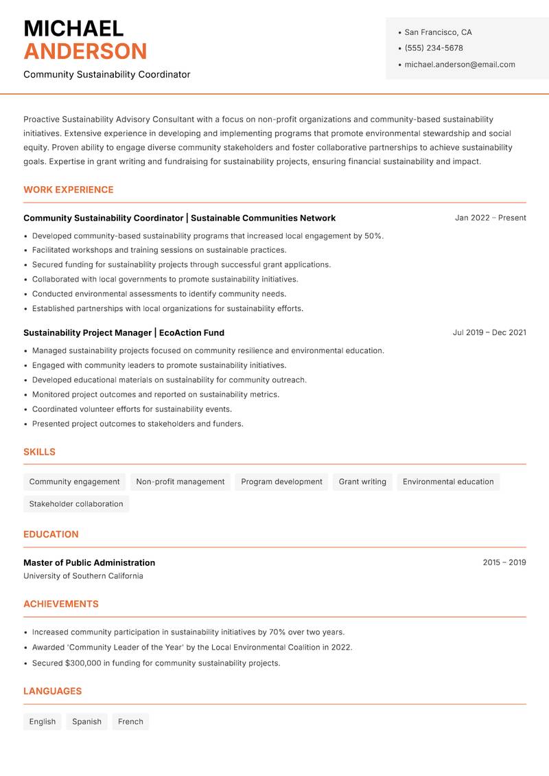 Sustainability Advisory Consultant resume sample — Community Sustainability Coordinator focus
