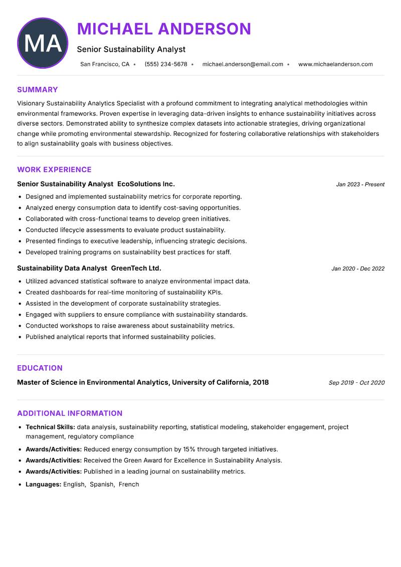 Sustainability Analytics Specialist resume example