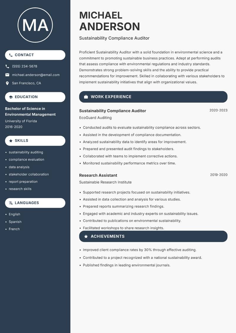 Sustainability Auditor resume sample — Sustainability Compliance Auditor focus