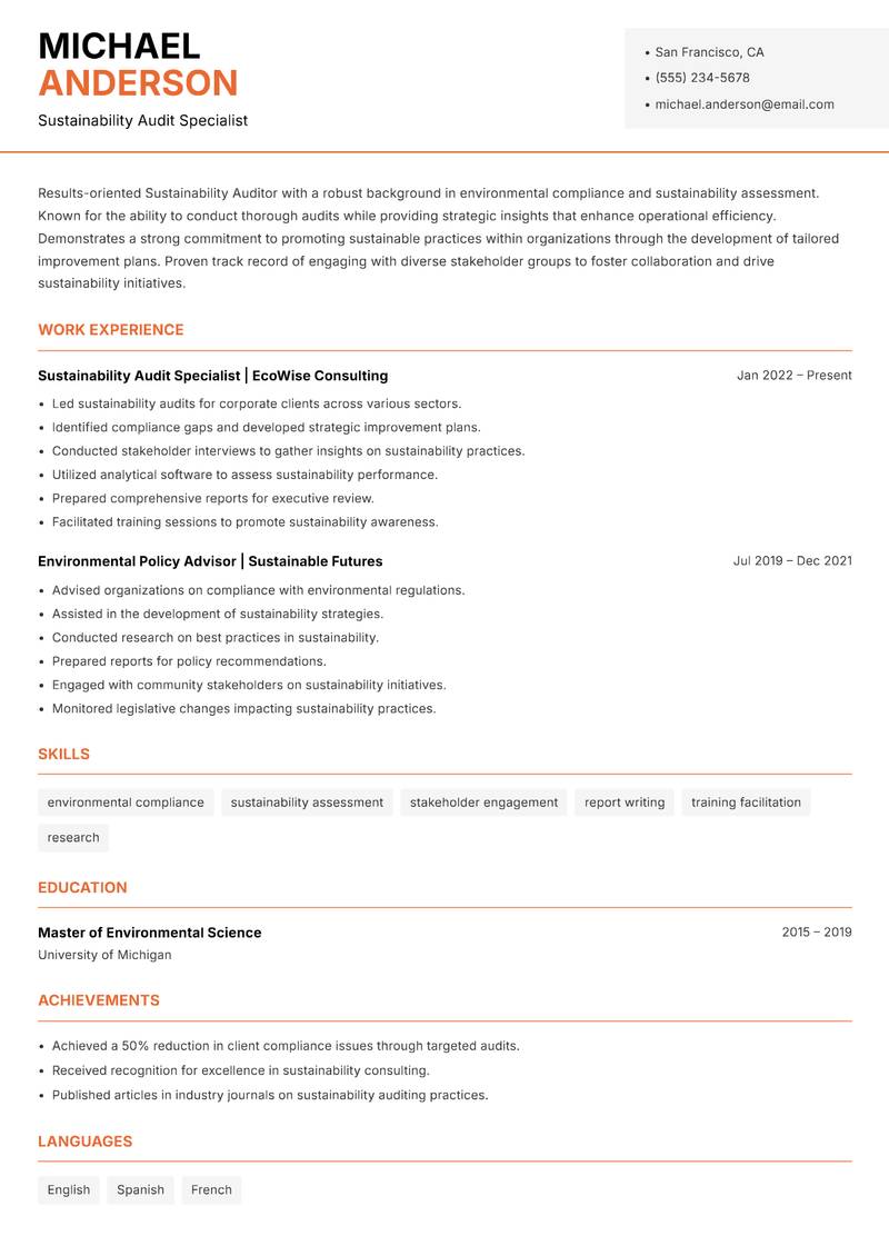 Sustainability Auditor resume sample — Sustainability Audit Specialist focus