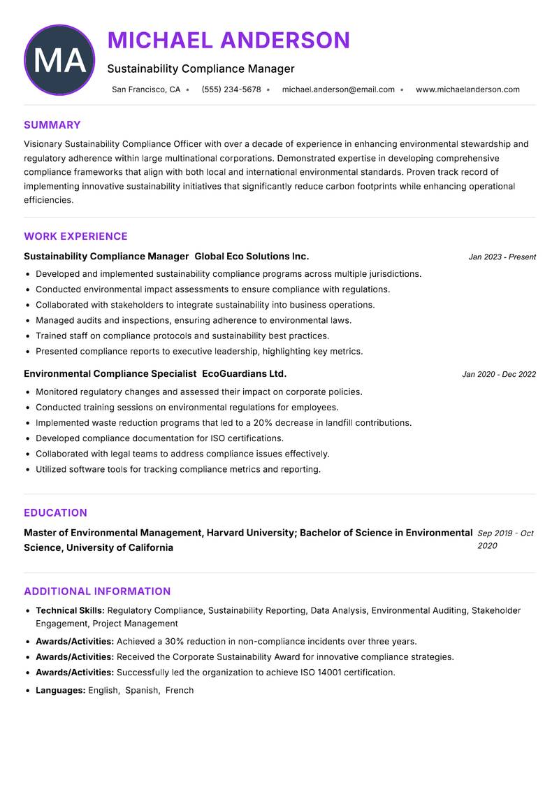 Sustainability Compliance Officer resume example
