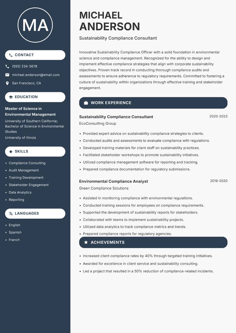 Sustainability Compliance Officer resume sample — Sustainability Compliance Consultant focus