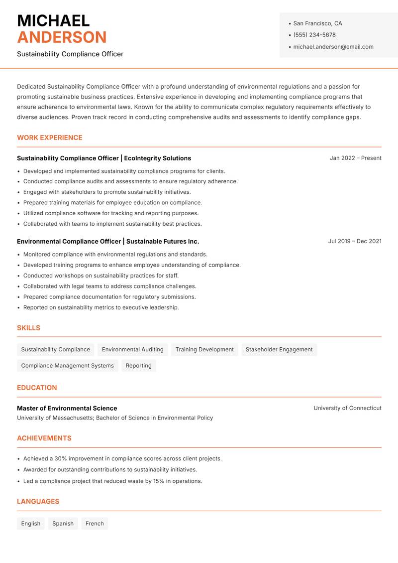 Sustainability Compliance Officer resume sample — Sustainability Compliance Officer focus
