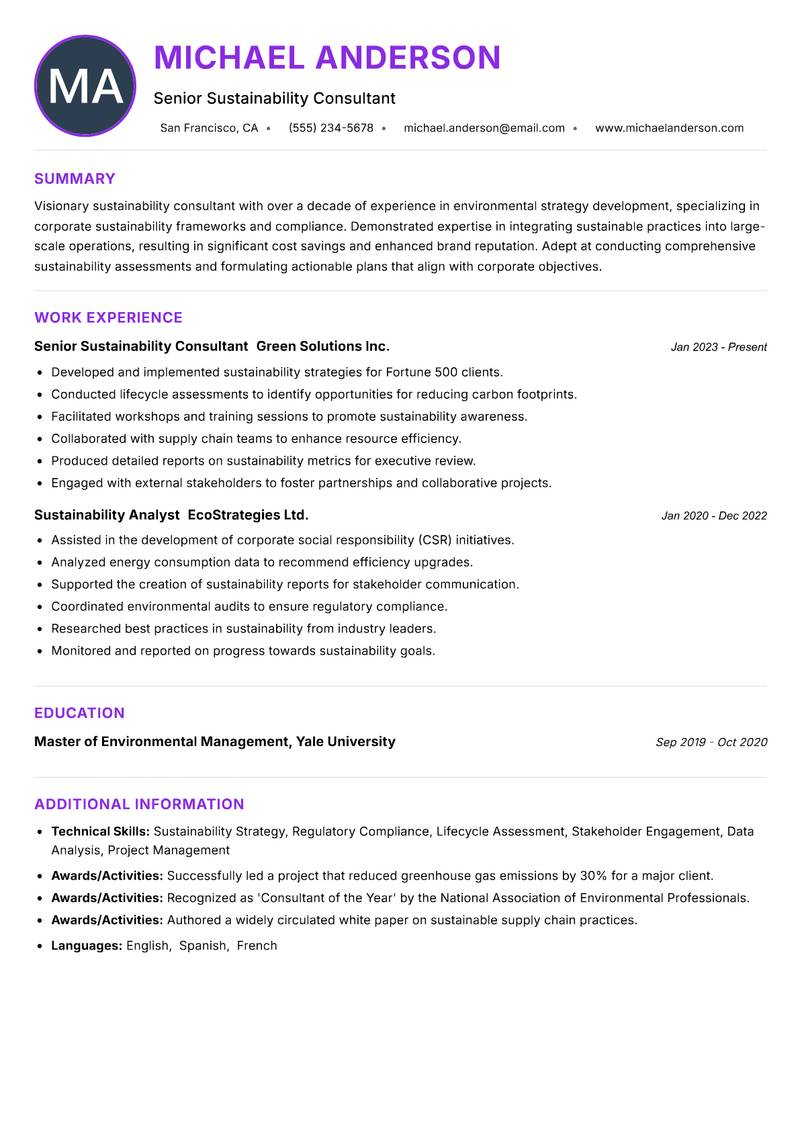 Sustainability Consultant resume example