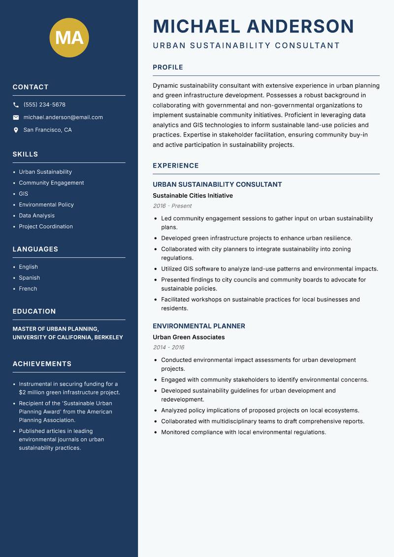 Sustainability Consultant resume sample — Urban Sustainability Consultant focus