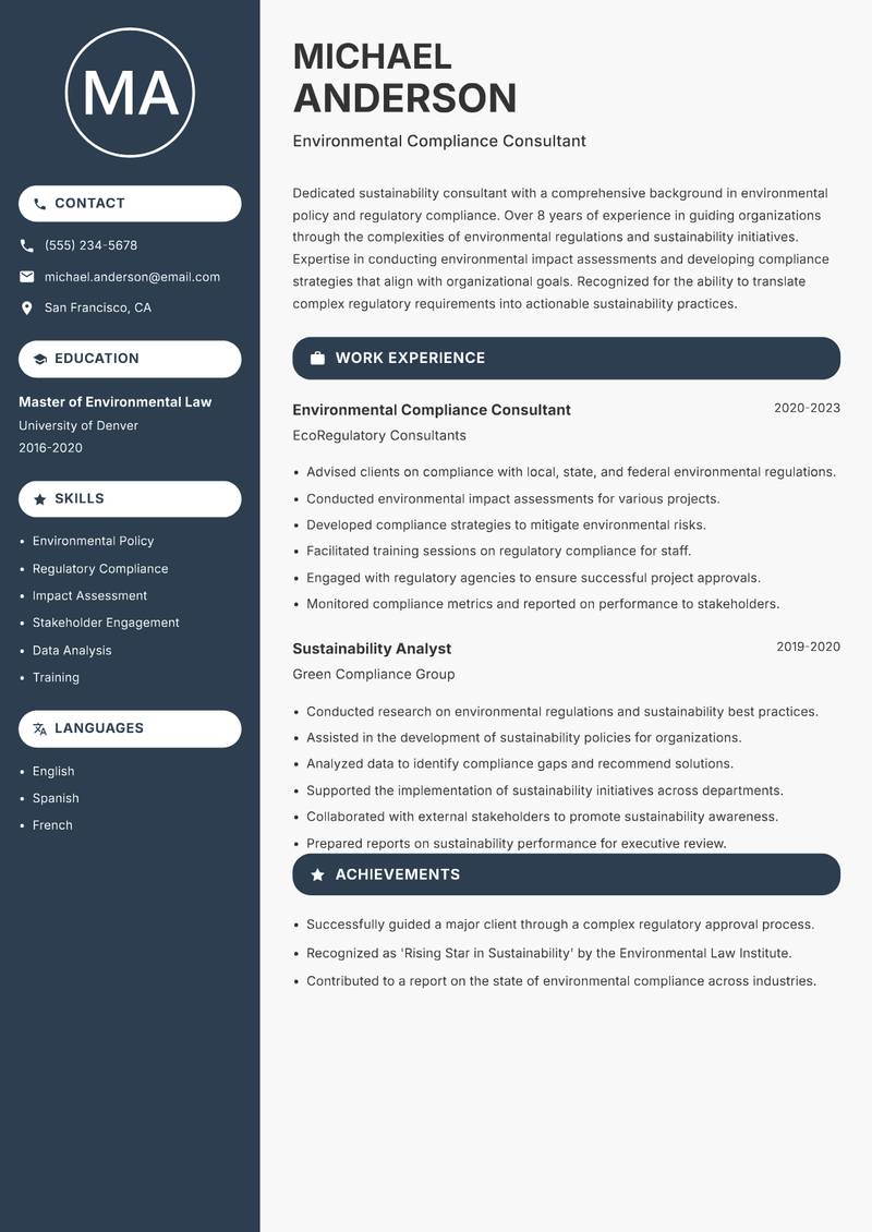 Sustainability Consultant resume sample — Environmental Compliance Consultant focus