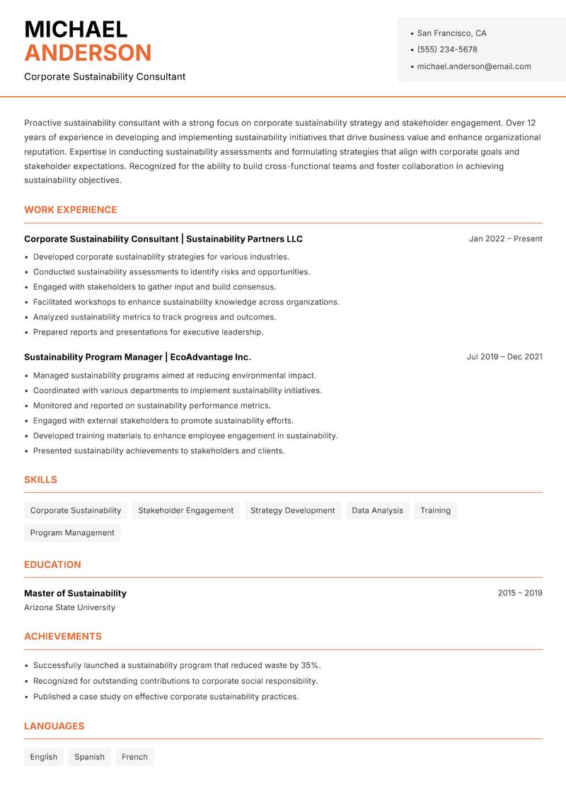 Sustainability Consultant resume sample — Corporate Sustainability Consultant focus