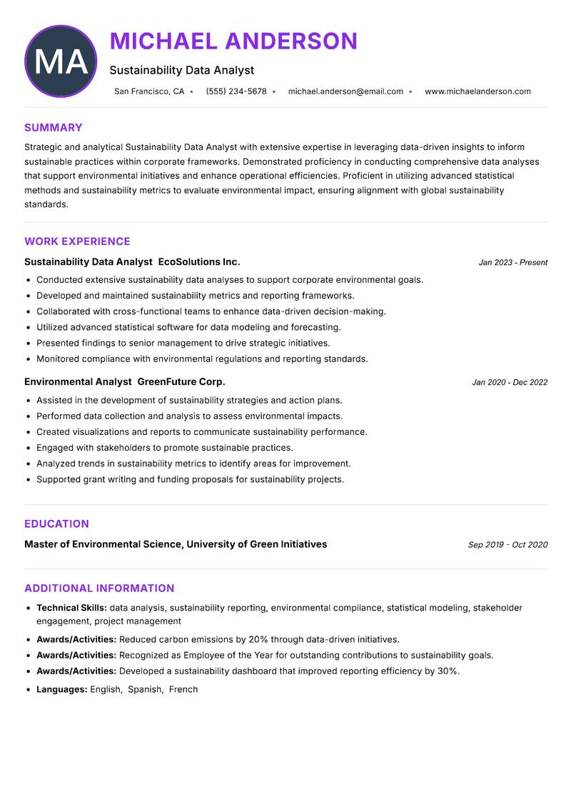 Sustainability Data Analyst resume example
