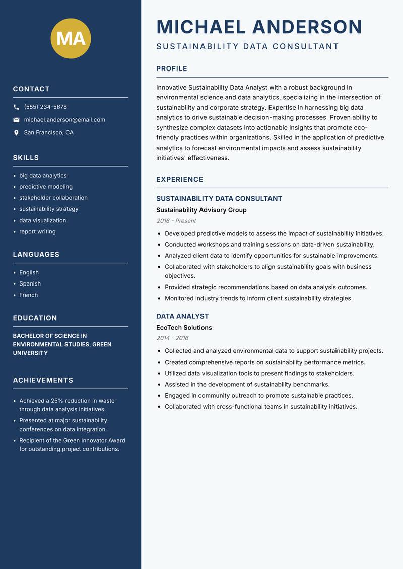 Sustainability Data Analyst resume sample — Sustainability Data Consultant focus