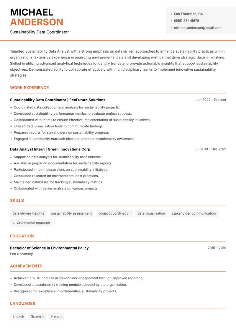 Sustainability Data Analyst resume sample — Sustainability Data Coordinator focus