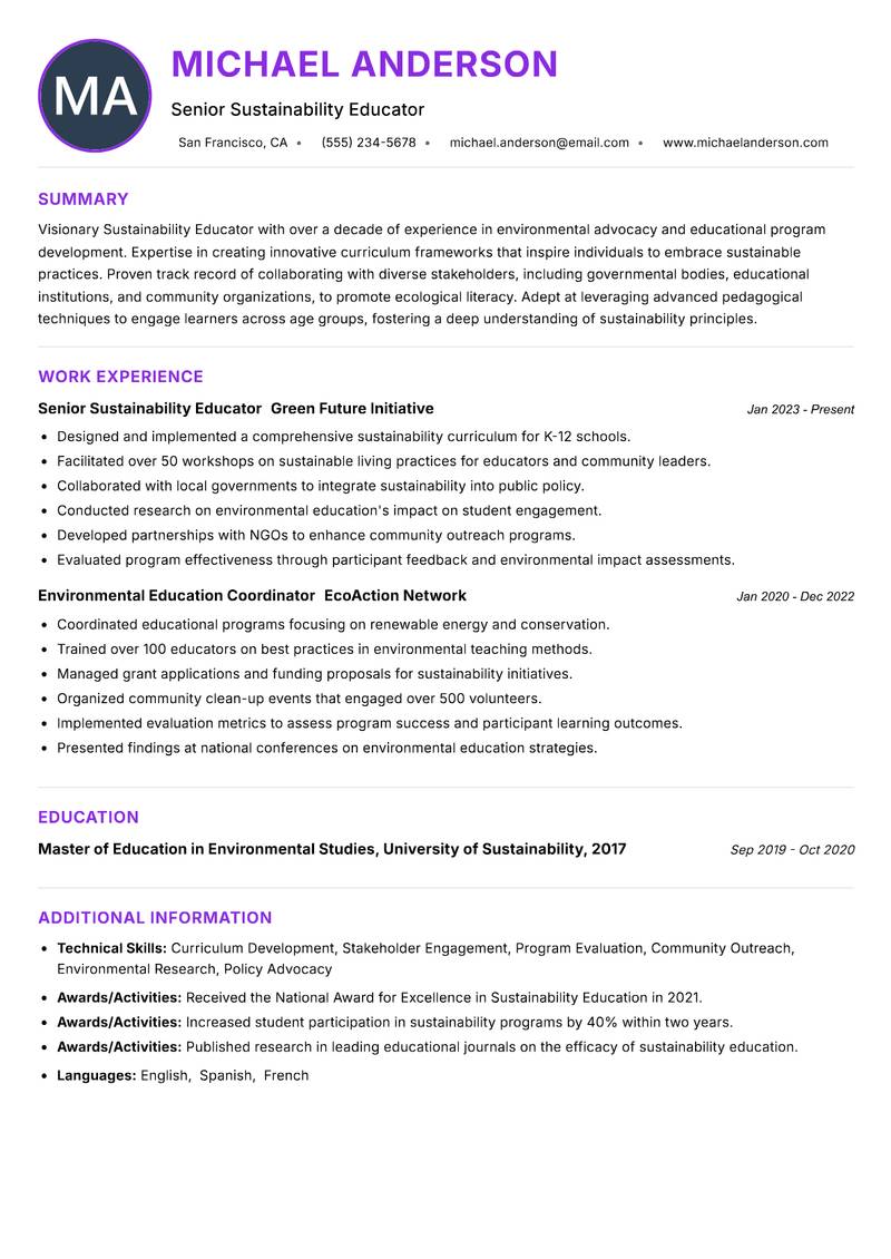 Sustainability Educator resume example