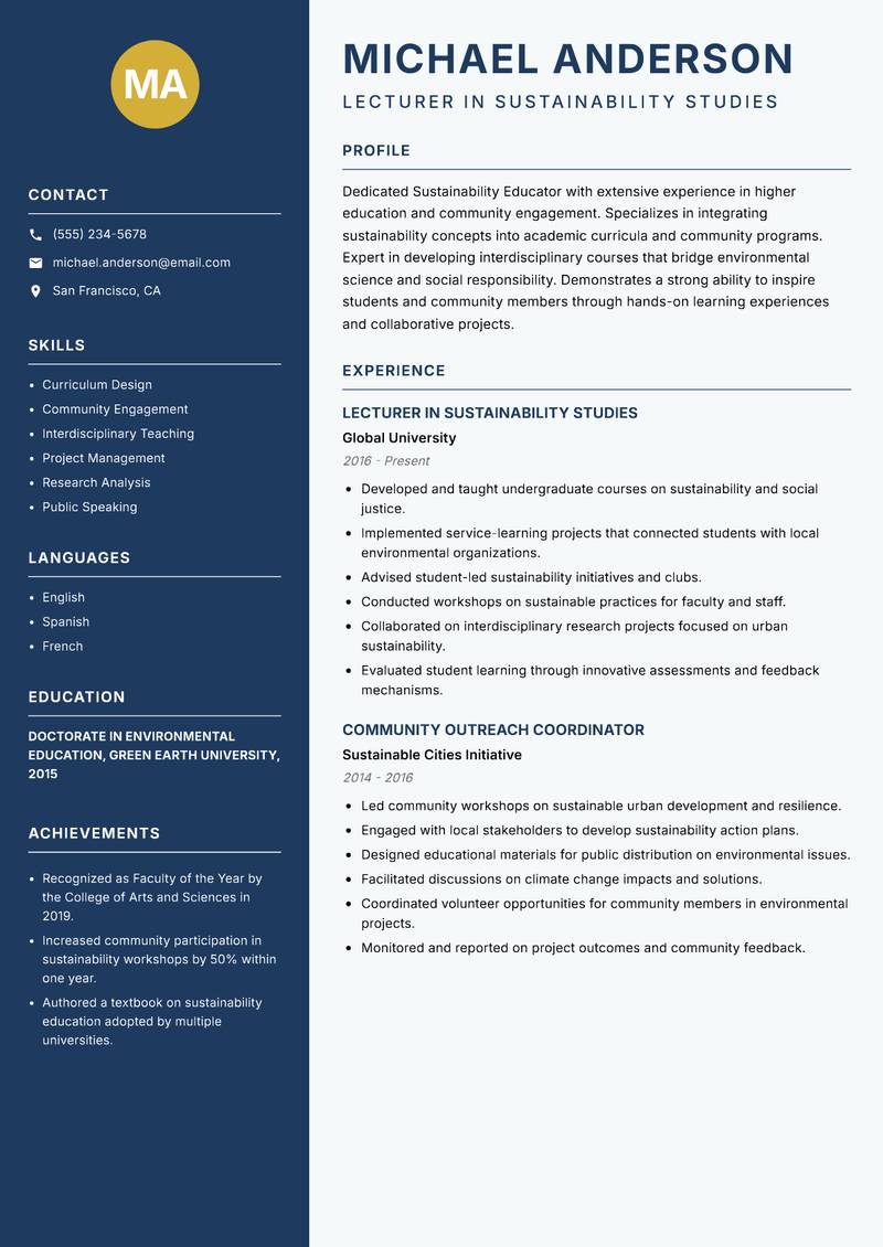 Sustainability Educator resume sample — Lecturer in Sustainability Studies focus