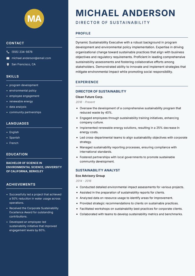 Sustainability Executive resume sample — Director of Sustainability focus