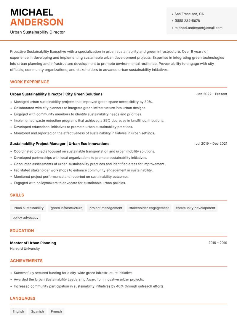Sustainability Executive resume sample — Urban Sustainability Director focus