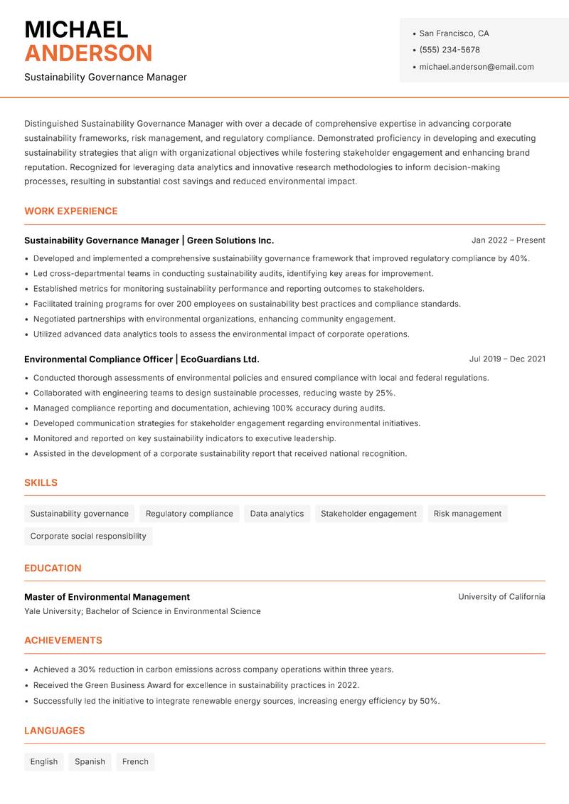 Sustainability Governance Manager resume sample — Sustainability Governance Manager focus