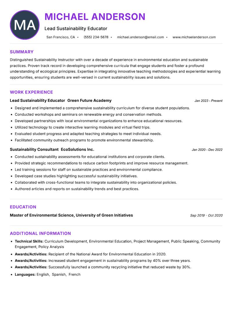 Sustainability Instructor resume example