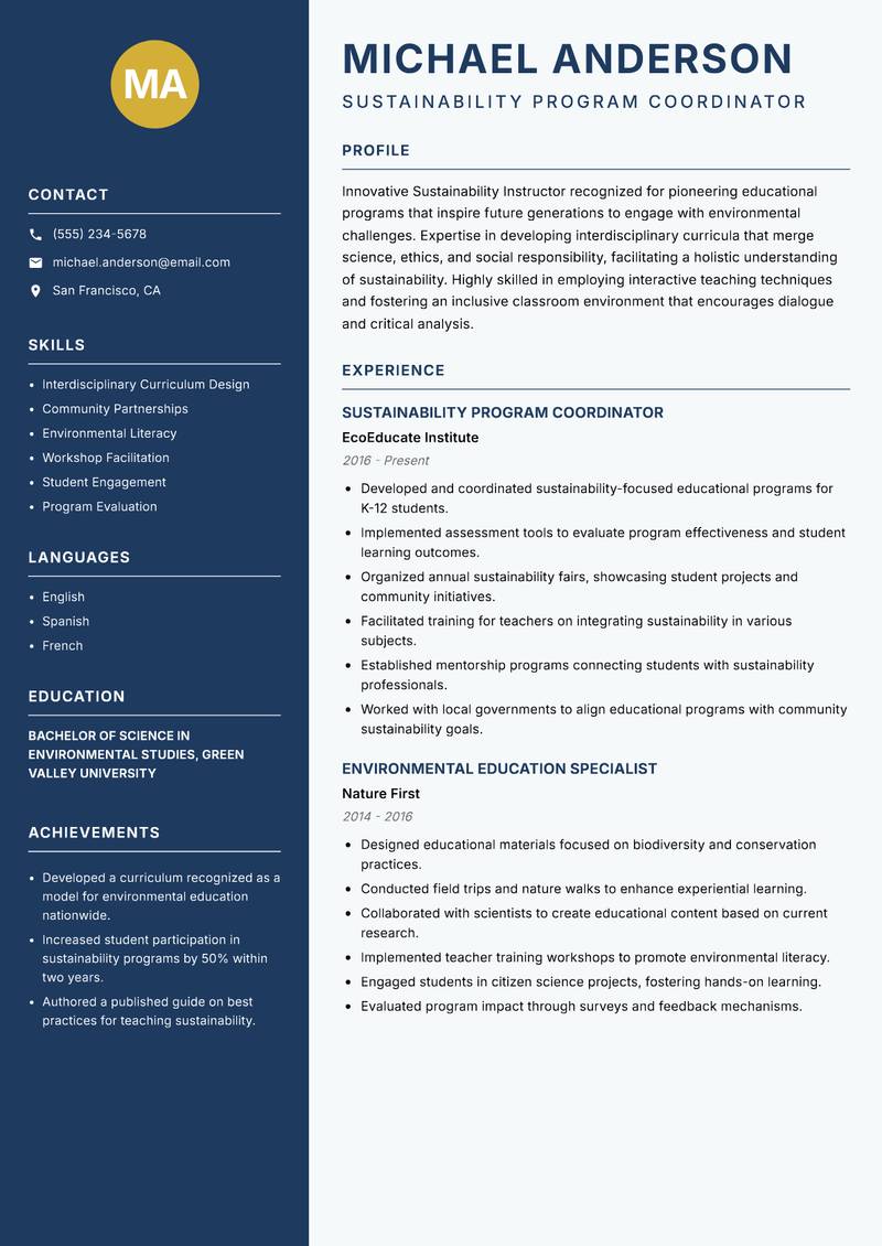 Sustainability Instructor resume sample — Sustainability Program Coordinator focus