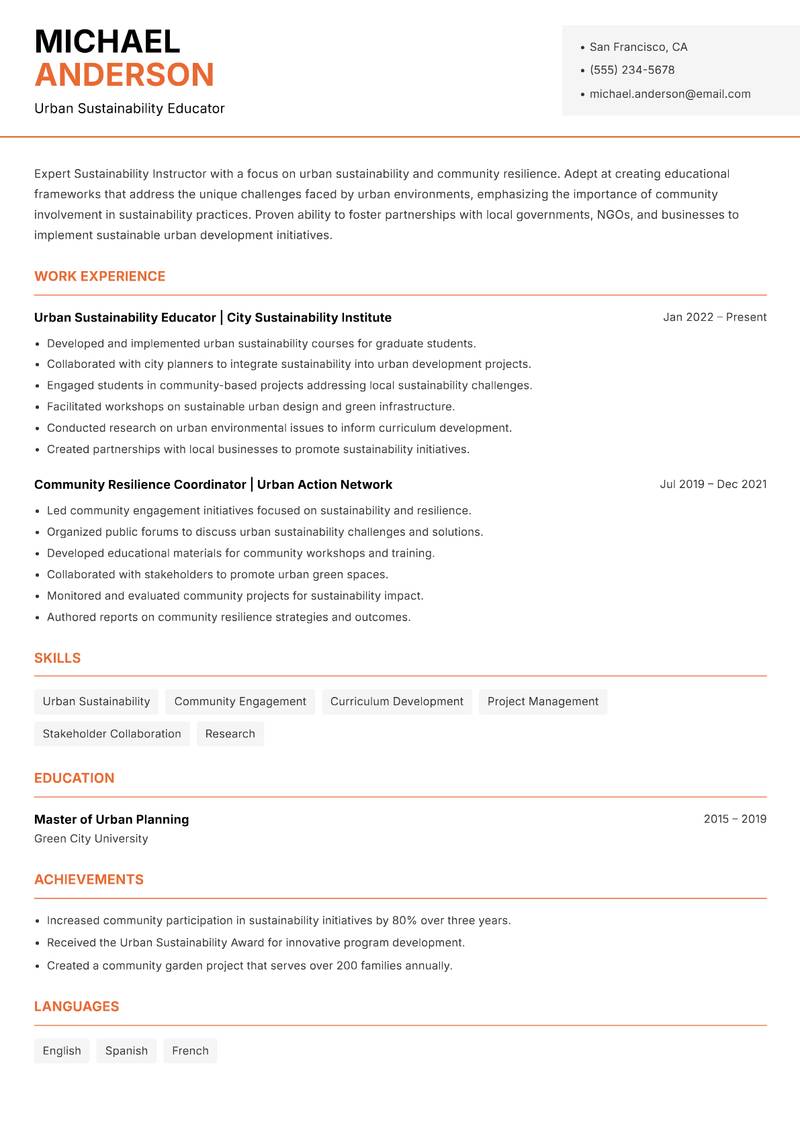 Sustainability Instructor resume sample — Urban Sustainability Educator focus