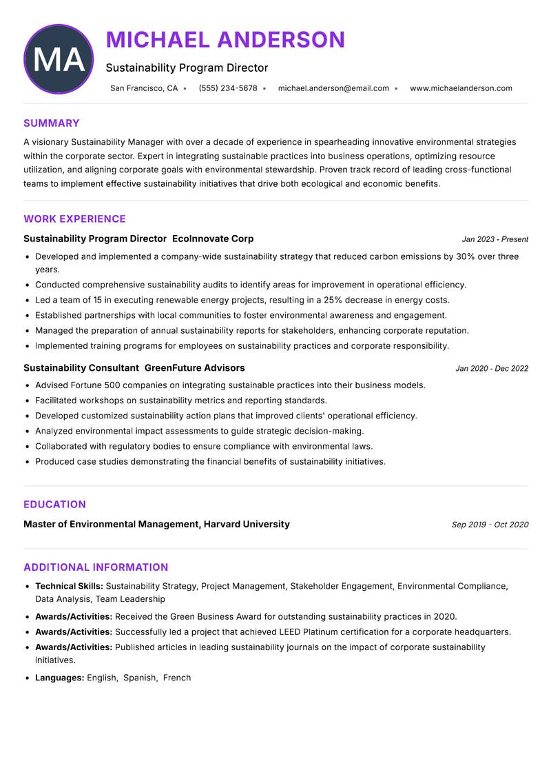 Sustainability Manager resume example